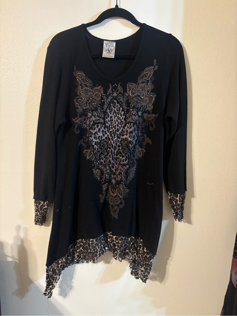 Vocal Black Tunic with Leopard Print Panel and Stud Embellishment